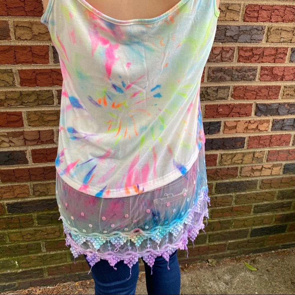 Rainbow tie dye camisole with lace on bottom - Picture 4 of 13